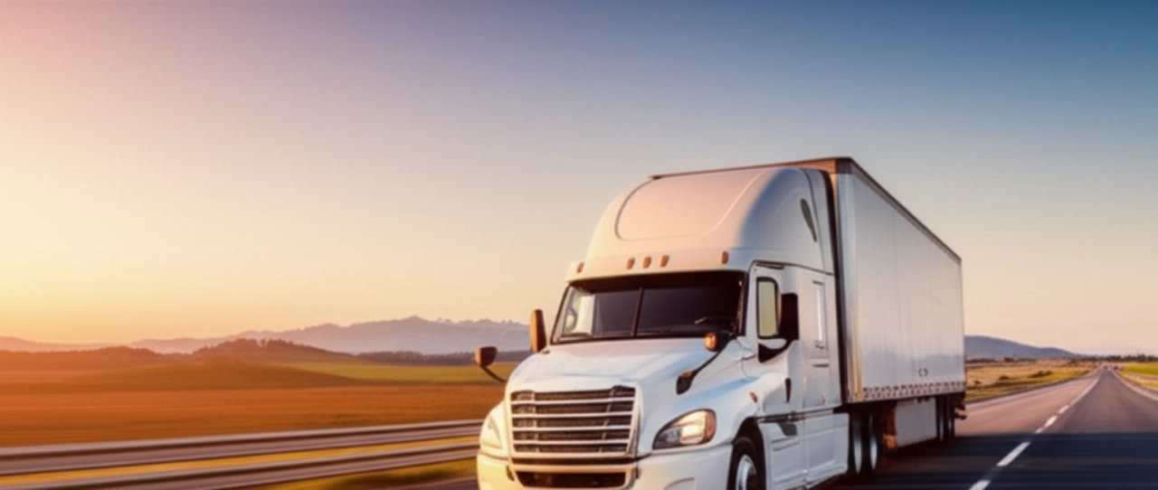 A large, modern, logo-free moving truck travels on a scenic highway at dawn, with golden light reflecting on its surface, symbolizing a long national journey.