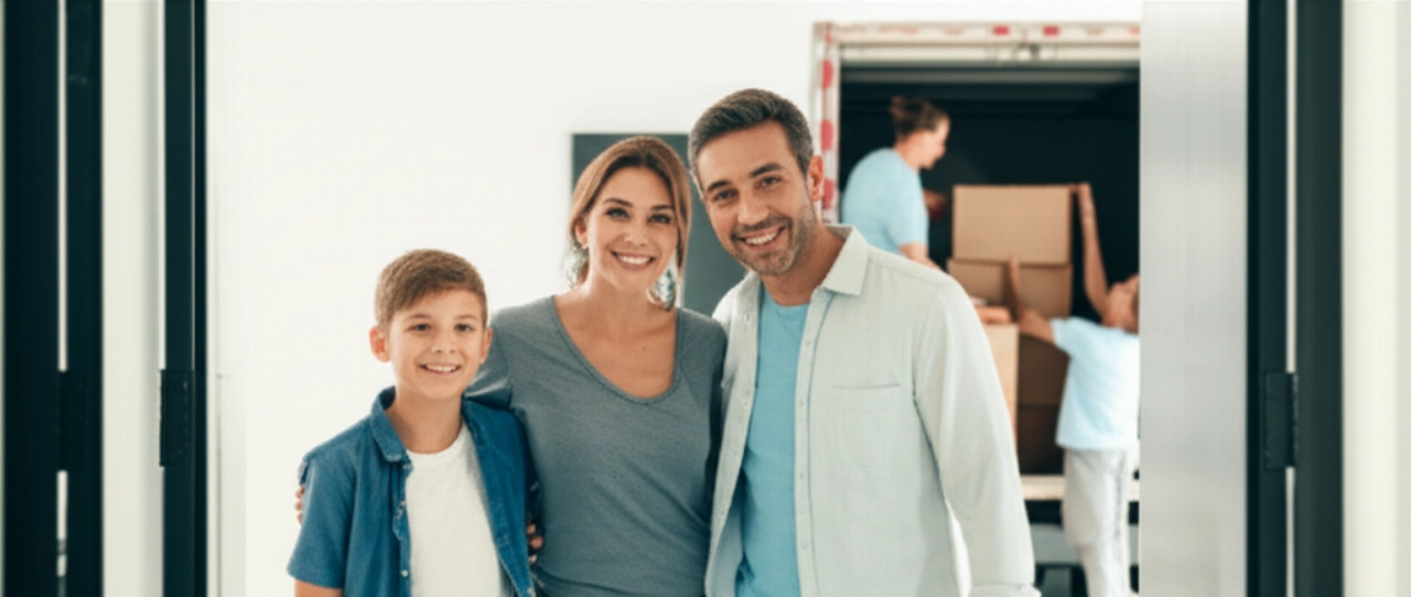 A smiling Caucasian family stands on the doorstep of their bright new home, with boxes being unloaded by professional movers in the background, symbolizing a new beginning.
