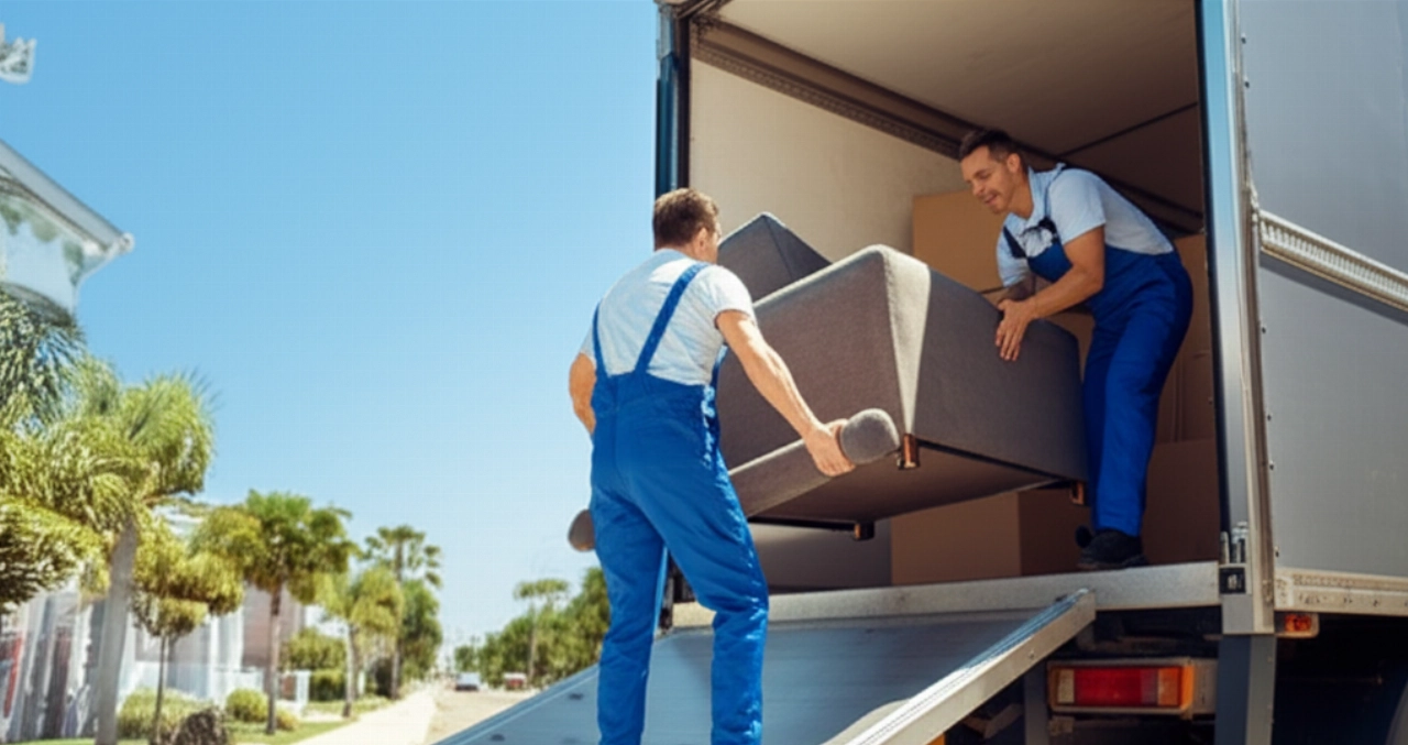 A team of Caucasian movers effortlessly loads furniture into a large truck on a sunny street.