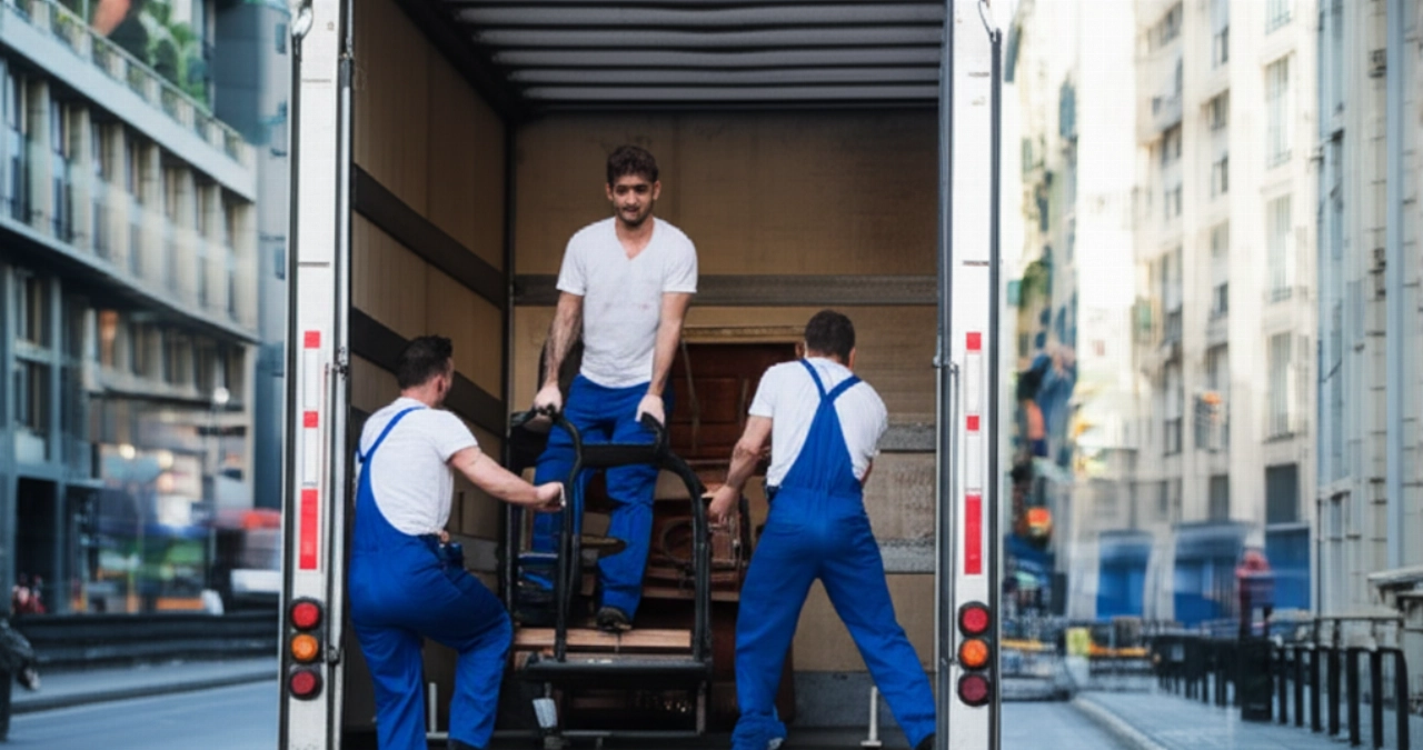 A team of three Caucasian movers loads a heavy upright piano onto a truck using specialized equipment on an urban street.