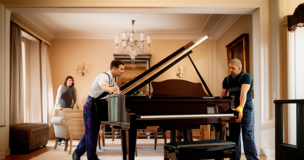 A magnificent grand piano is carefully positioned in a spacious living room of a new house, with a Caucasian mover making the final adjustment.