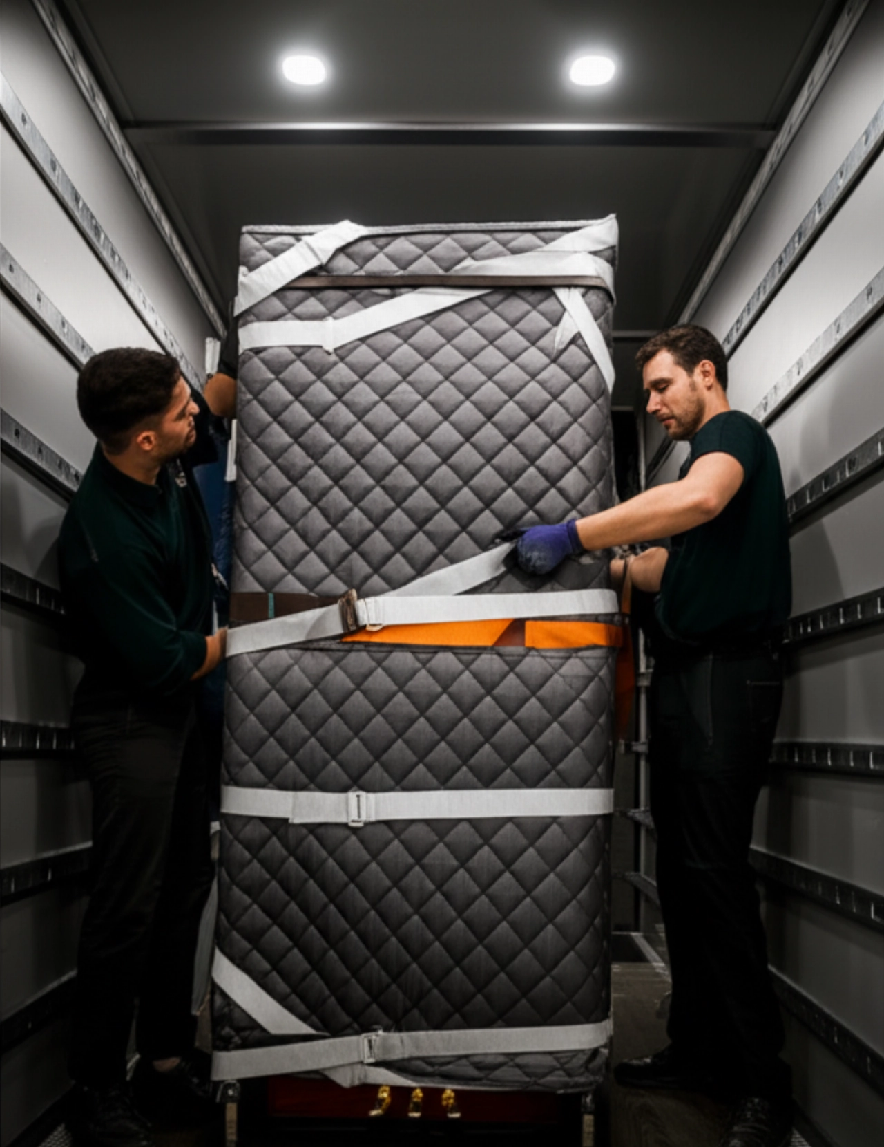 An upright piano, wrapped in protective blankets and secured with straps, inside a specialized truck, with a Caucasian mover checking its safety.