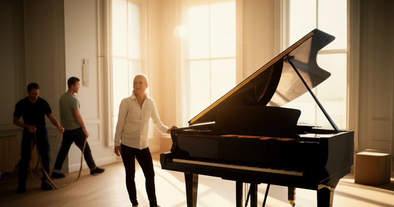 A grand piano newly placed in an elegant living room, with a Caucasian owner admiring it with satisfaction, symbolizing the success of a complex move.