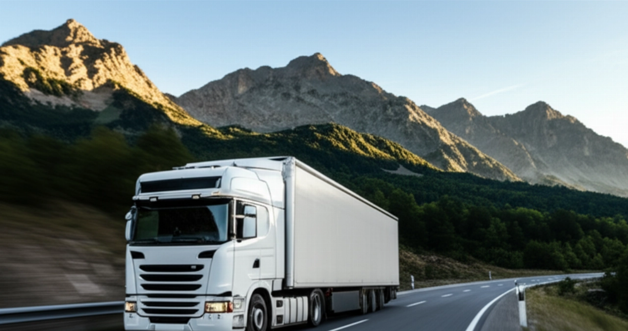 A white moving truck travels on a European highway among majestic mountains, symbolizing the Spain-Italy journey.