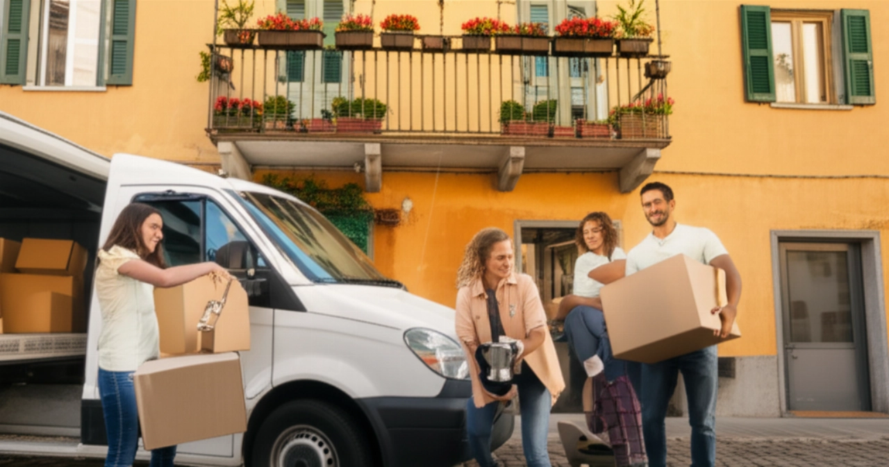Caucasian family unloading boxes in front of an old Italian house, symbolizing arrival after a move.