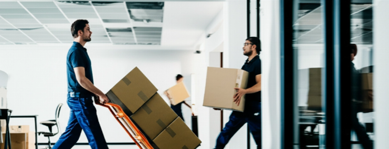 Hyperrealistic scene of Caucasian movers transporting cardboard boxes along an office corridor, highlighting the efficiency of the moving process.
