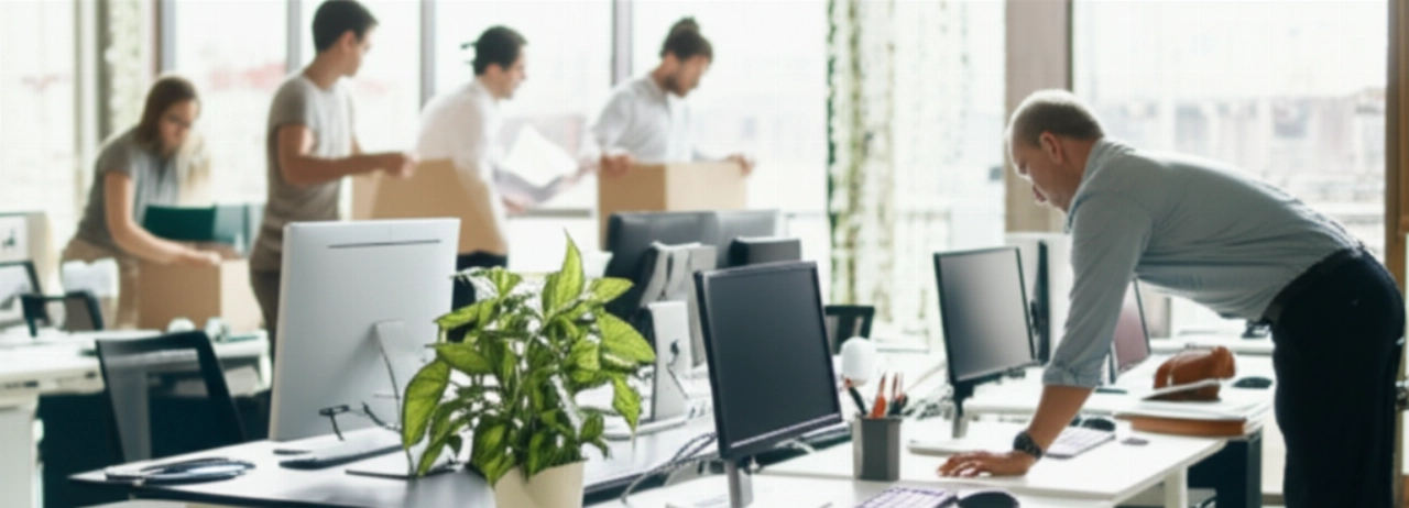 Hyperrealistic image of a new modern and bright office, with Caucasian employees unpacking the last boxes and arranging workstations, symbolizing a new beginning.