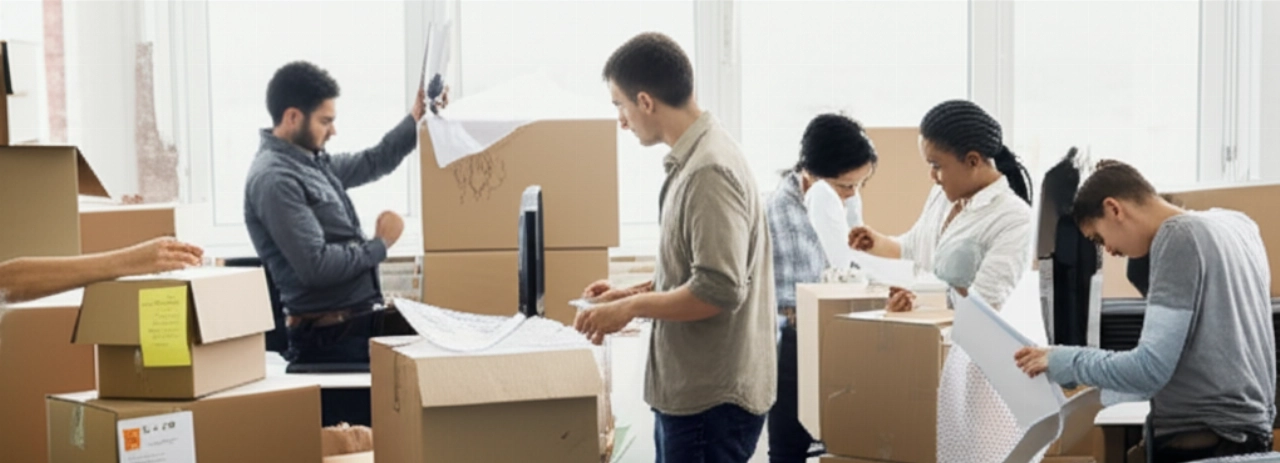 Caucasian employees busy packing boxes and office equipment during a relocation.