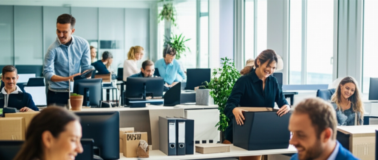 New modern office with Caucasian employees settling in and working at their workstations after a relocation.