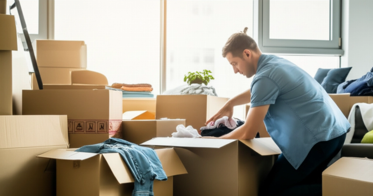 A Caucasian person in a bright living room, surrounded by open and closed cardboard boxes, organizing clothes during a move.