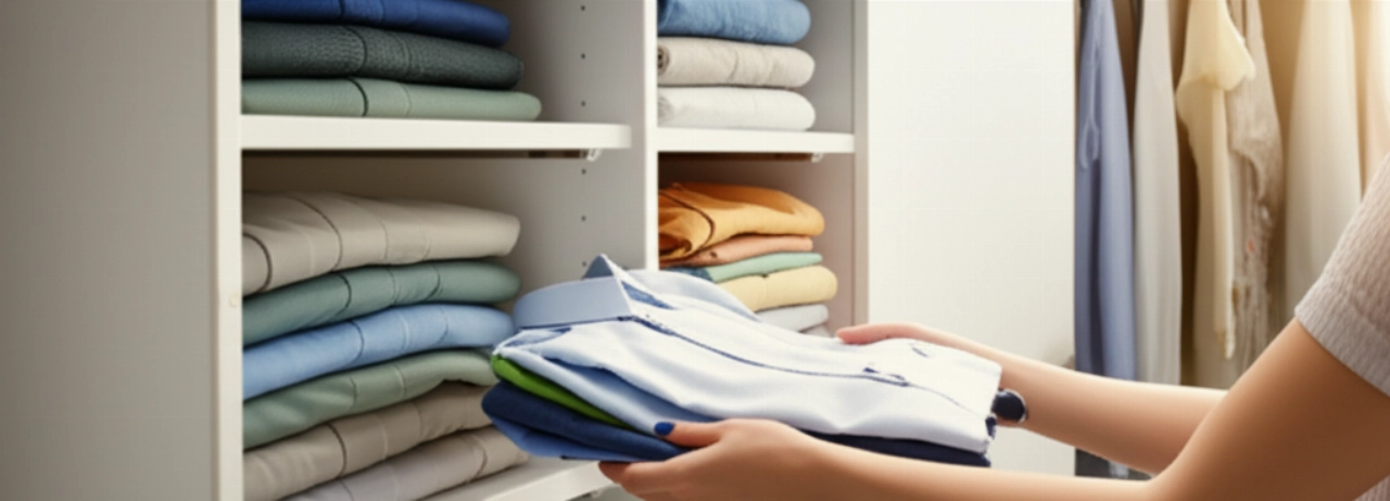 Hands of a Caucasian woman neatly arranging newly unpacked clothes in a modern, clean wardrobe.