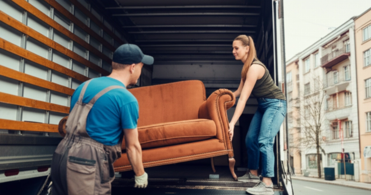 A Caucasian man and woman load a classic sofa onto the ramp of a moving van.