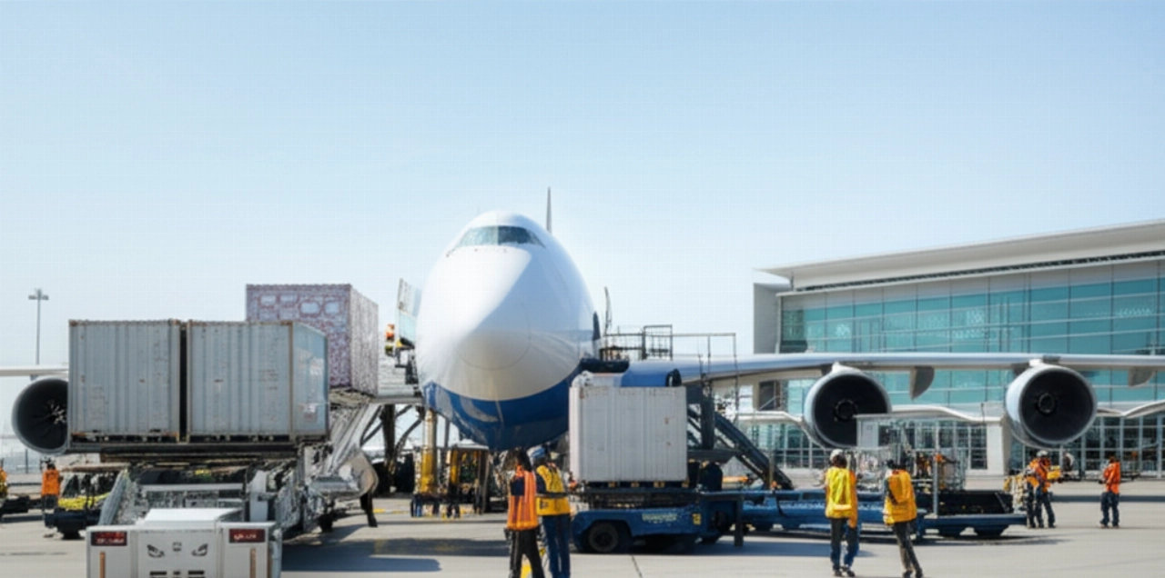 Cargo plane being loaded on an airport runway, with Caucasian staff, representing international air logistics.