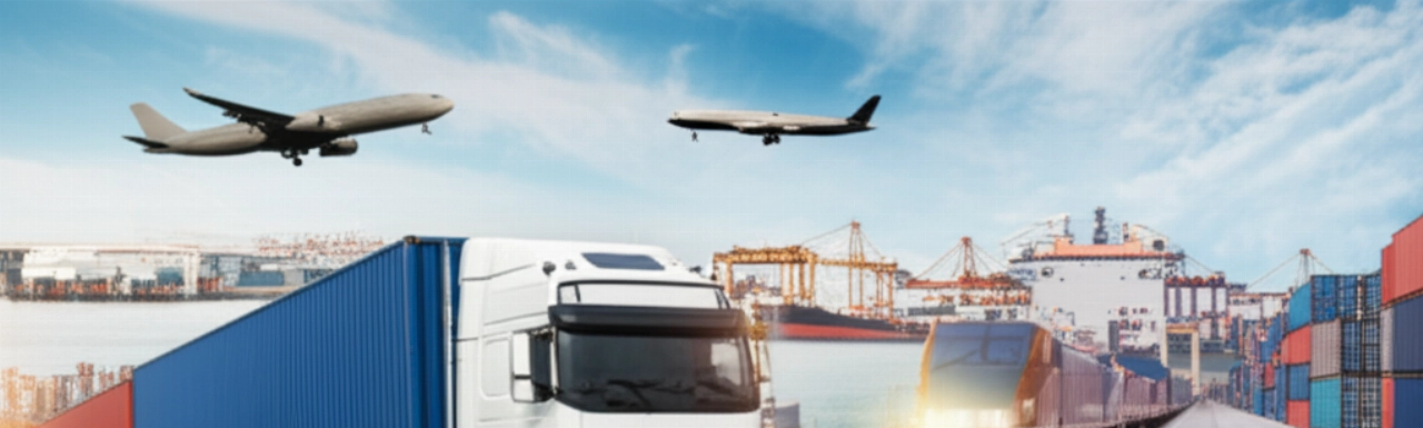 Various modes of transport (truck, train, ship, plane) converge, illustrating the complex network of international shipping.