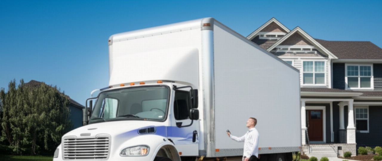 A large modern moving truck parked in front of a house, with a Caucasian professional standing next to it.