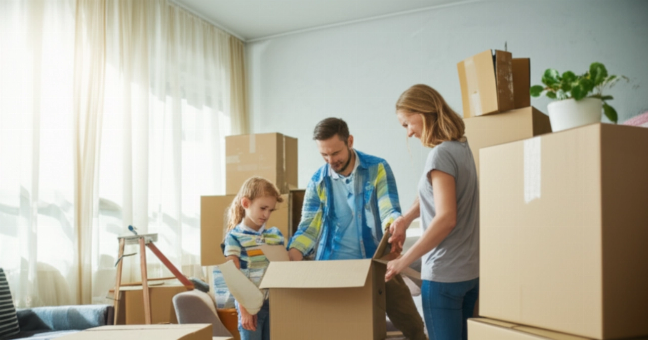 A happy Caucasian family unpacks boxes in their new, bright living room, surrounded by moving boxes.