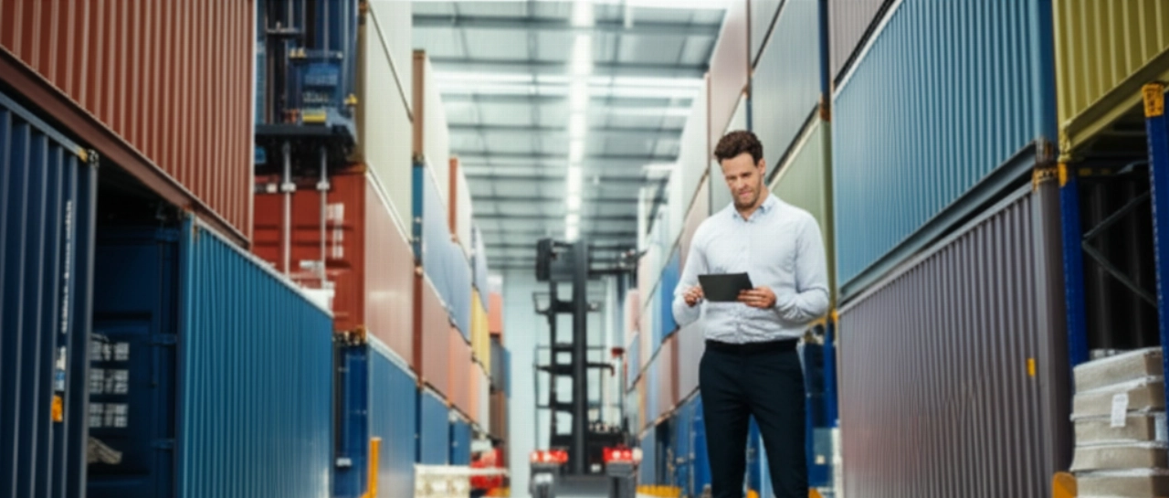A modern logistics warehouse with containers and a Caucasian manager supervising, representing the efficiency of international transport.