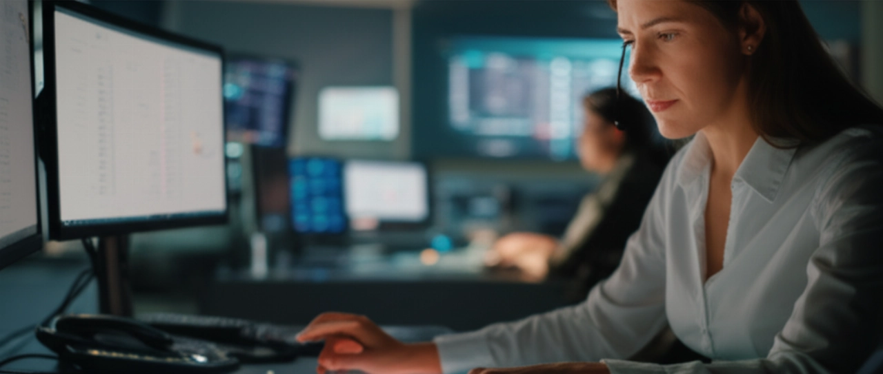 A Caucasian dispatcher interacting with a digital map of transport routes between Italy and Germany, symbolizing advanced logistics management.
