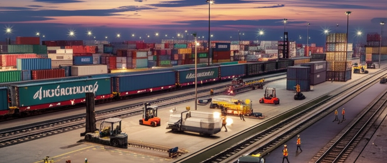 Large national logistics hub with freight trains and containers at dusk.
