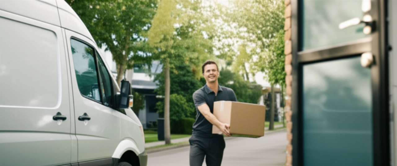 Modern delivery van and Caucasian delivery driver on a sunny suburban street.