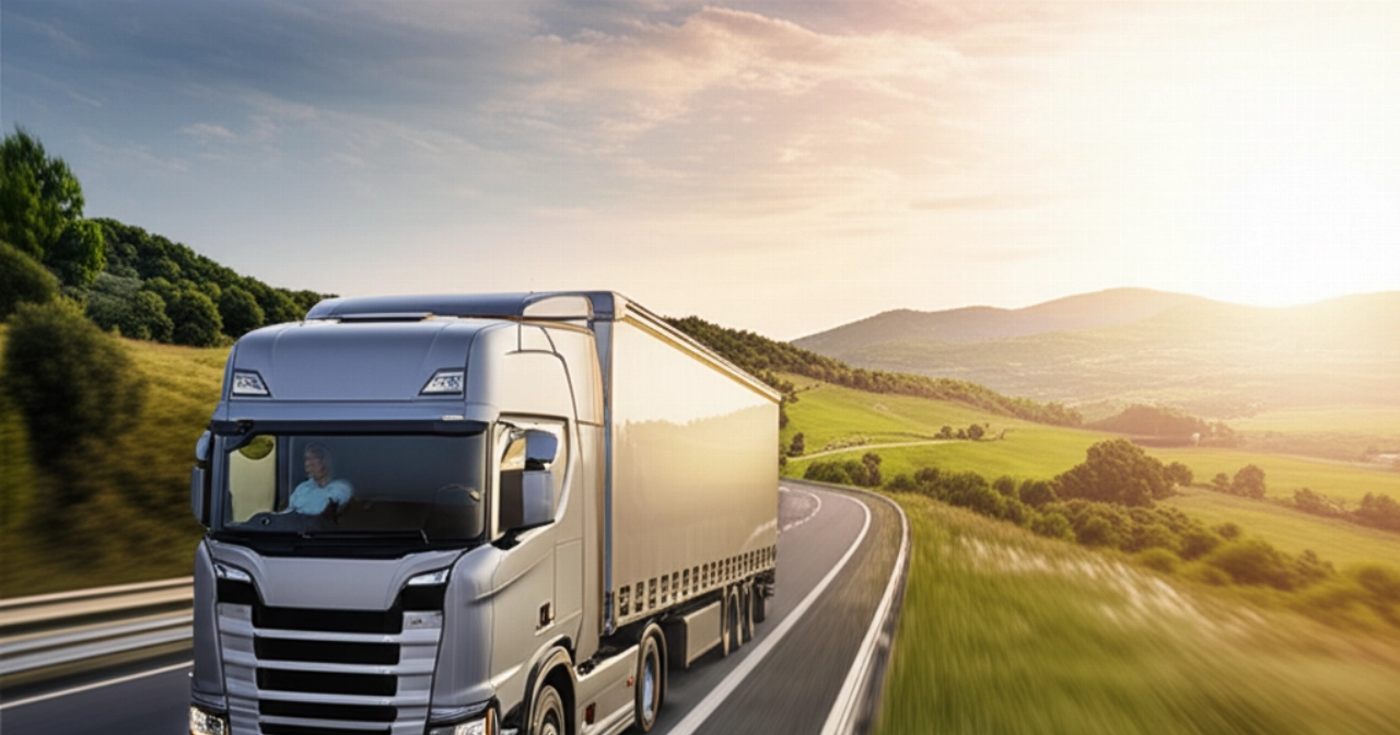 Modern truck on a scenic European highway, passing through landscapes reminiscent of Spain and Italy, with a Caucasian driver.