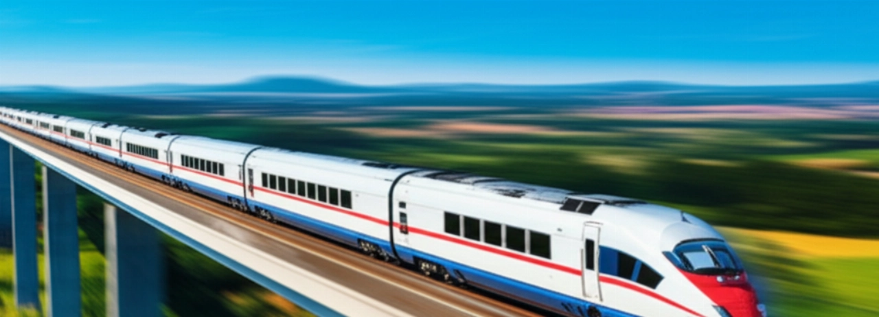 Futuristic high-speed train speeding across a viaduct, traversing a lush green European landscape under a clear sky.