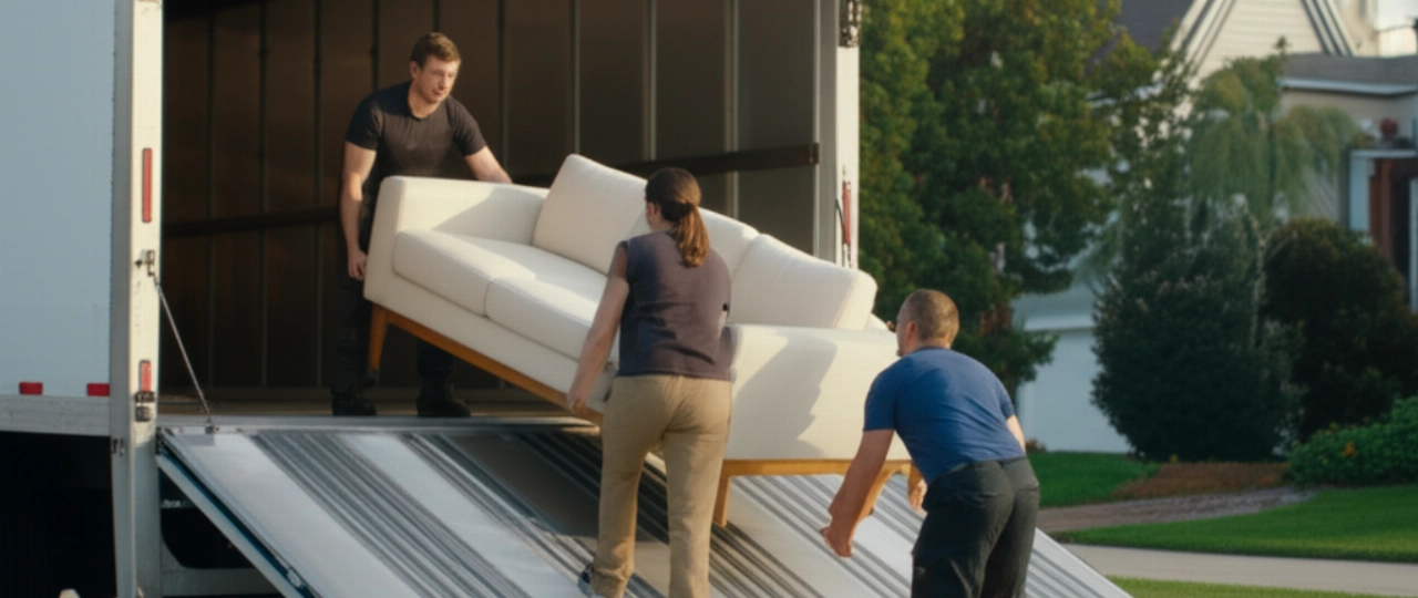 Professional Caucasian movers load a sectional sofa onto a truck on a suburban street, demonstrating efficiency and care.