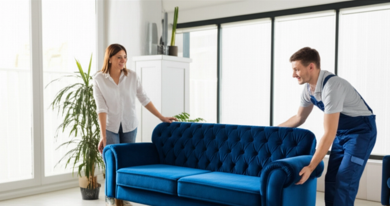 A new blue velvet sofa is carefully placed in a bright modern living room, with a Caucasian mover and homeowner.
