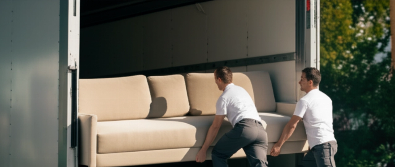 Two professional Caucasian movers expertly unload a large beige sofa from a truck, onto an open ramp on a suburban street.