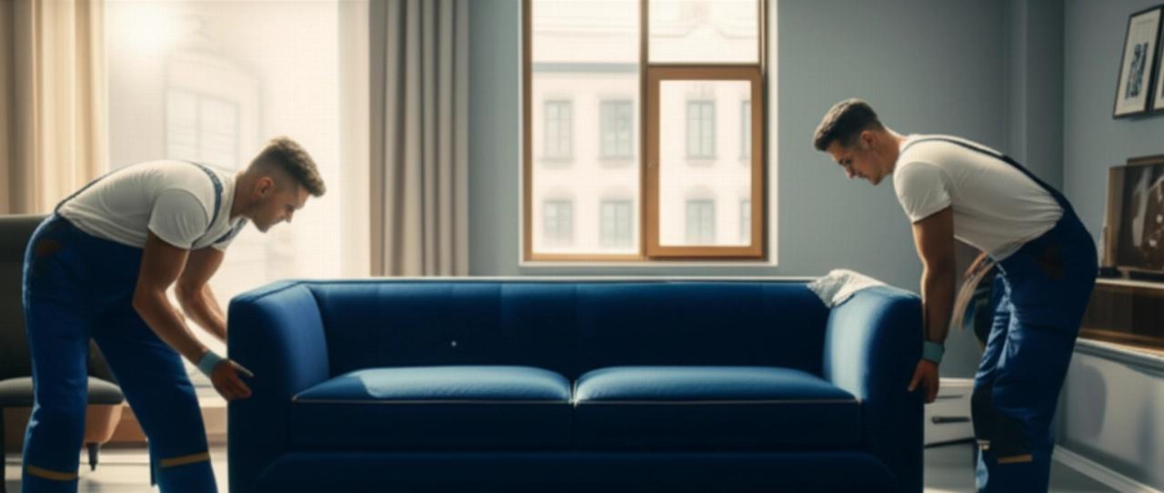 Two Caucasian movers carefully position a new dark blue velvet sofa in a spacious, modern, and brightly lit living room.