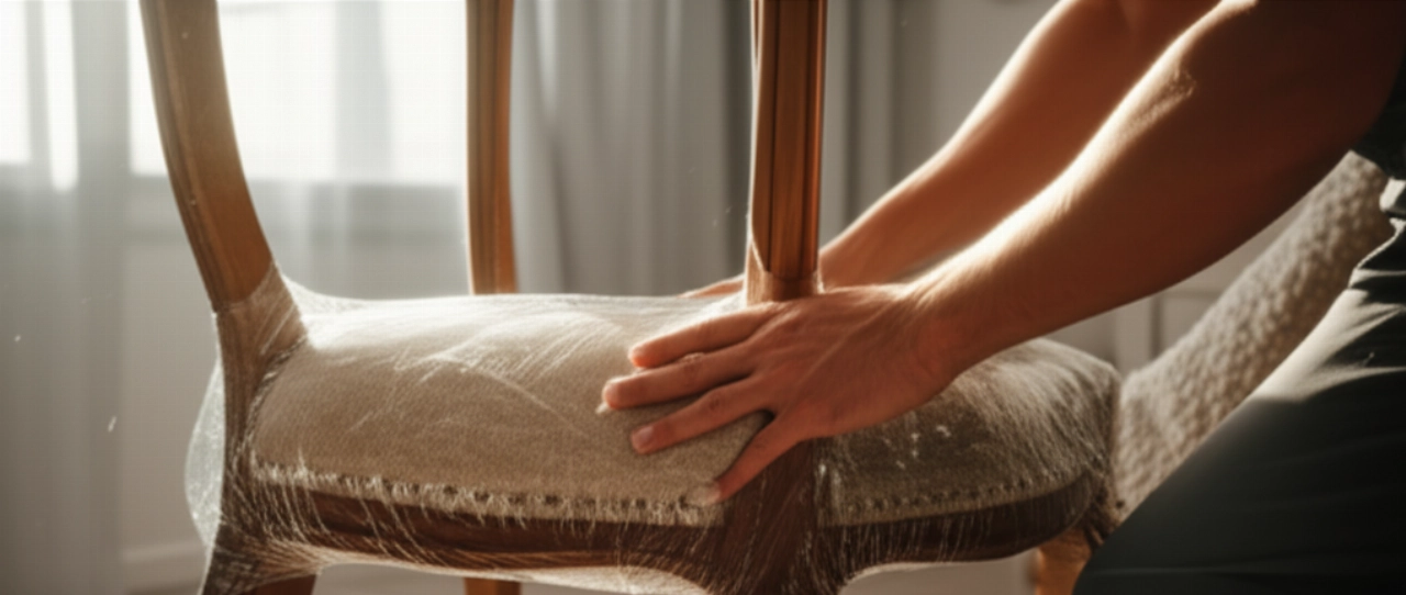 A professional Caucasian mover meticulously wraps a delicate antique chair with protective blankets in a well-lit living room.
