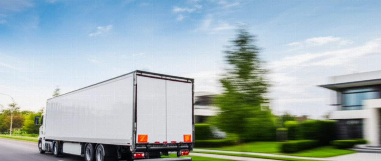 A large, clean, modern moving truck drives down a tree-lined suburban street towards a new contemporary house.