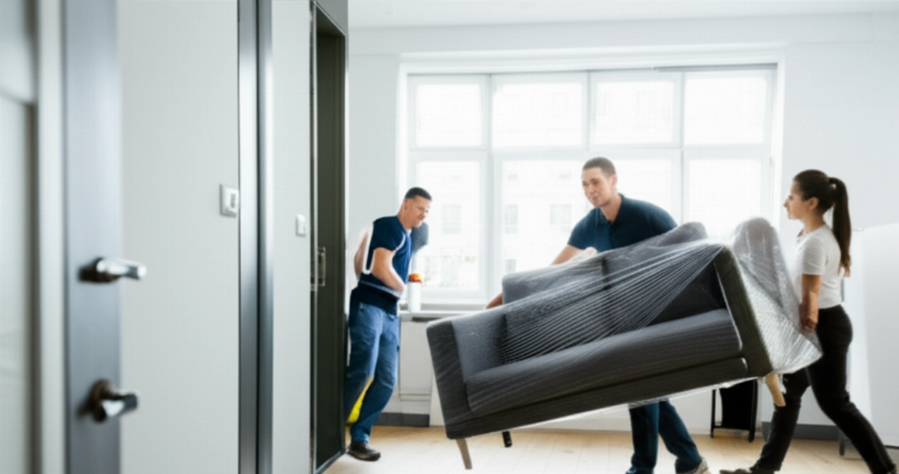 Professional movers deliver a sofa to a modern German apartment, symbolizing a new beginning.