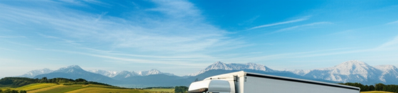 Moving truck on a scenic highway, crossing landscapes from Italy to Germany, symbolizing a smooth journey.