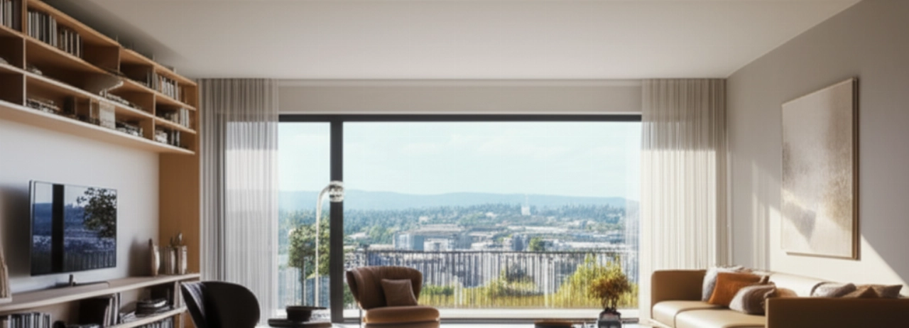 Modern living room with well-arranged furniture and panoramic view of a Swiss or Italian landscape.