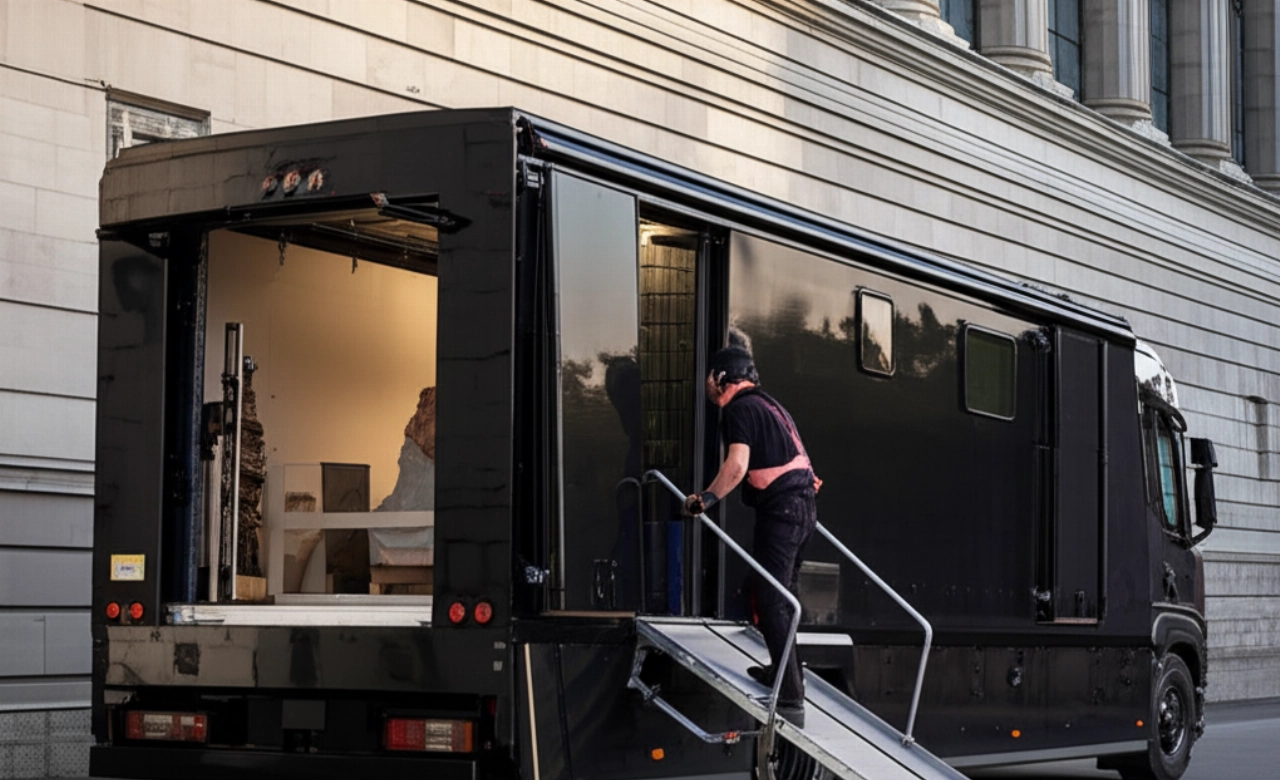 Armored art transport truck outside a museum, with a Caucasian attendant supervising the loading of a crated sculpture.
