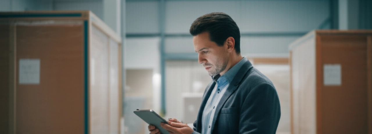 Caucasian logistics expert examining a digital manifest, with crated art in a climate-controlled warehouse in the background.
