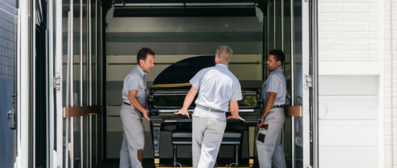 A large dark grand piano is carefully loaded onto a specialized truck via a sturdy ramp, guided by two Caucasian movers, in a hyperrealistic image emphasizing safe transport.