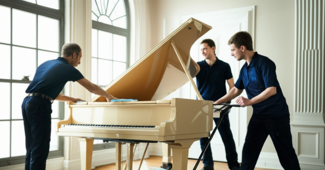 Three professional Caucasian movers make final adjustments to a beautiful light grand piano in a spacious, sunlit room, demonstrating precision and teamwork in a hyperrealistic image.