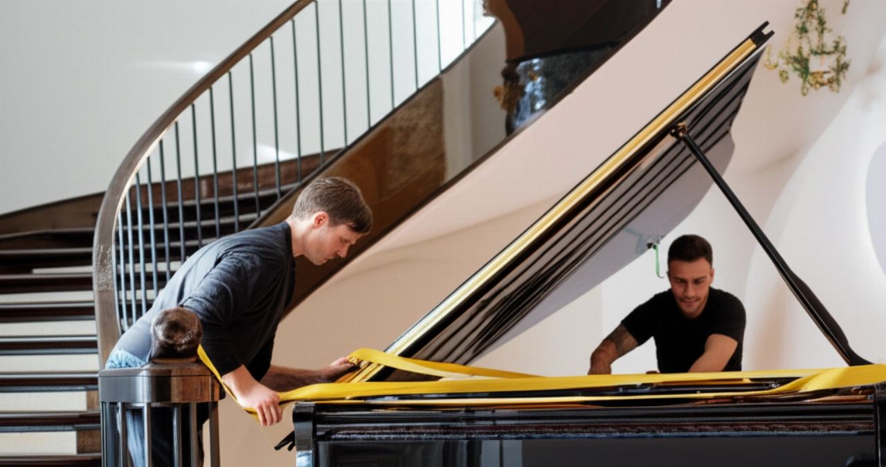 A grand piano is securely positioned on a spacious landing, with a Caucasian mover adjusting its protective straps, conveying precision and care.