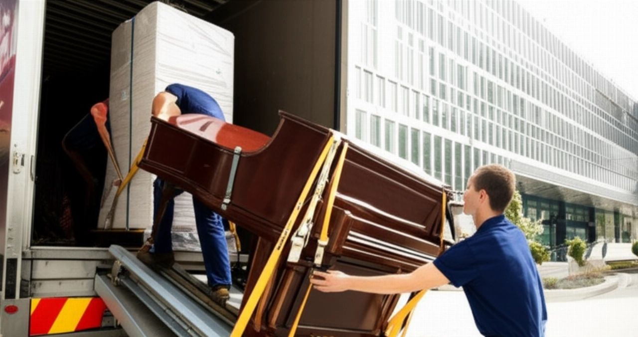 Professional movers load an upright piano onto a truck using a specialized ramp.