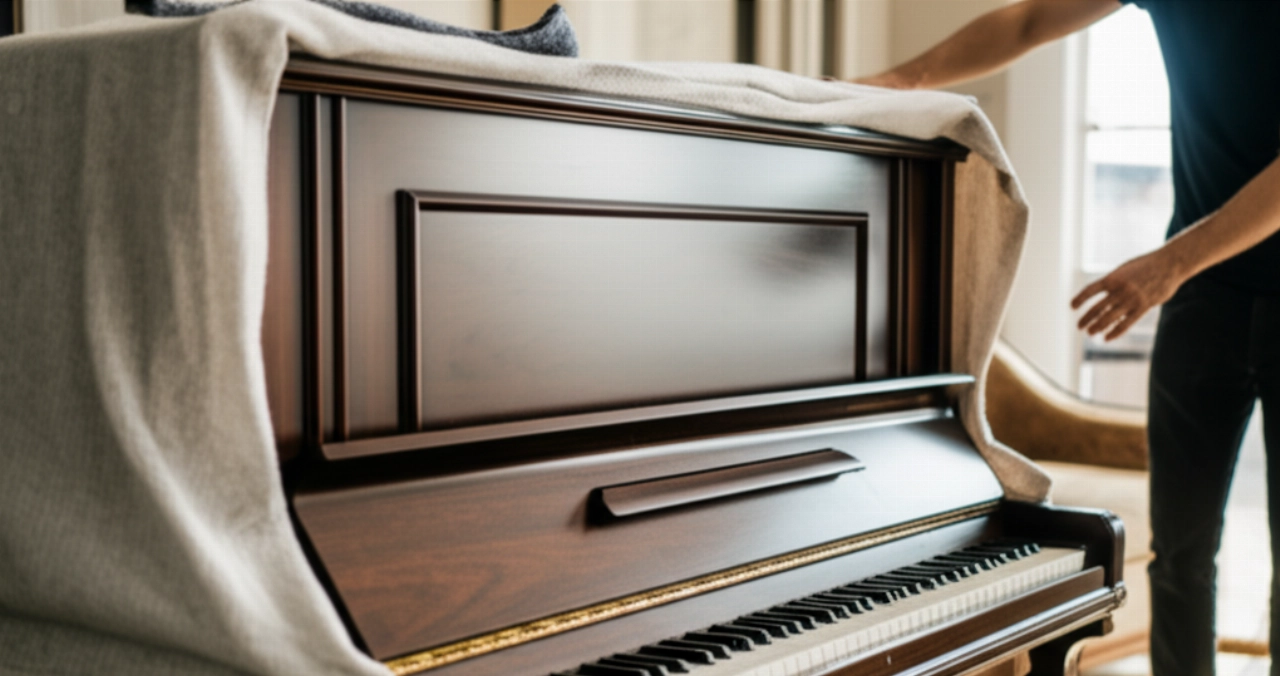 A dark wooden upright piano is gently placed in a bright room.