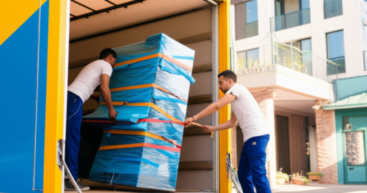 Hyperrealistic image of a team of Caucasian professional movers preparing an upright piano for loading onto a truck.