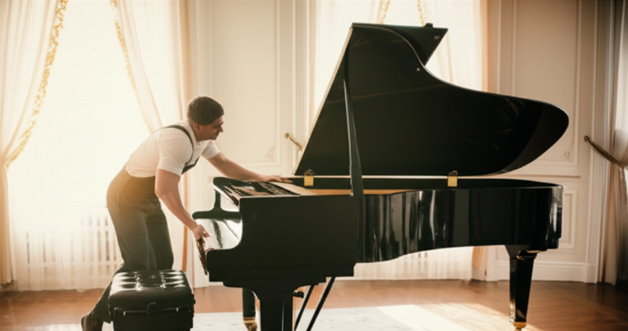 Hyperrealistic image of a grand piano newly placed in an elegant living room, symbolizing a successful delivery.
