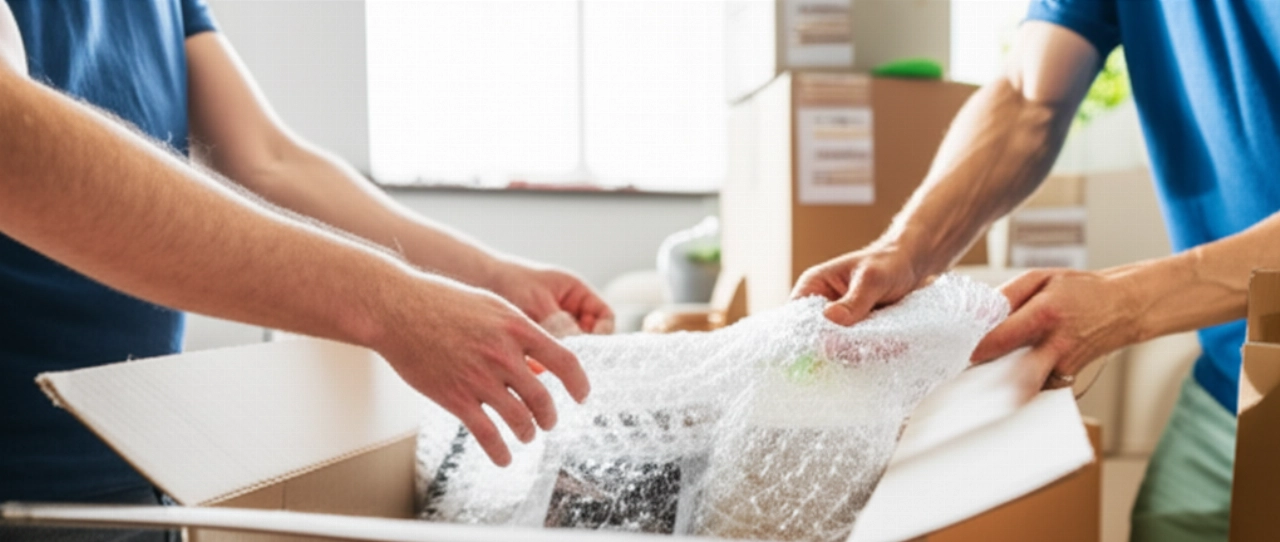 Detail of Caucasian hands packing delicate items with bubble wrap into a moving box, in an organized home environment.