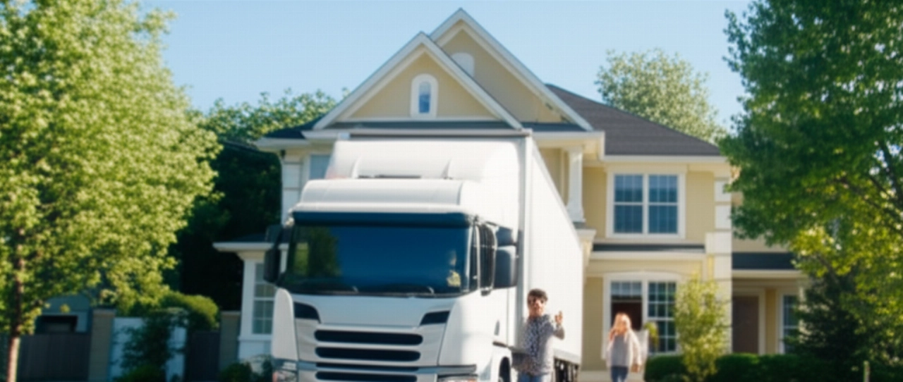 A modern moving truck arrives in front of a new suburban house, with a smiling Caucasian couple full of expectations for the new beginning.