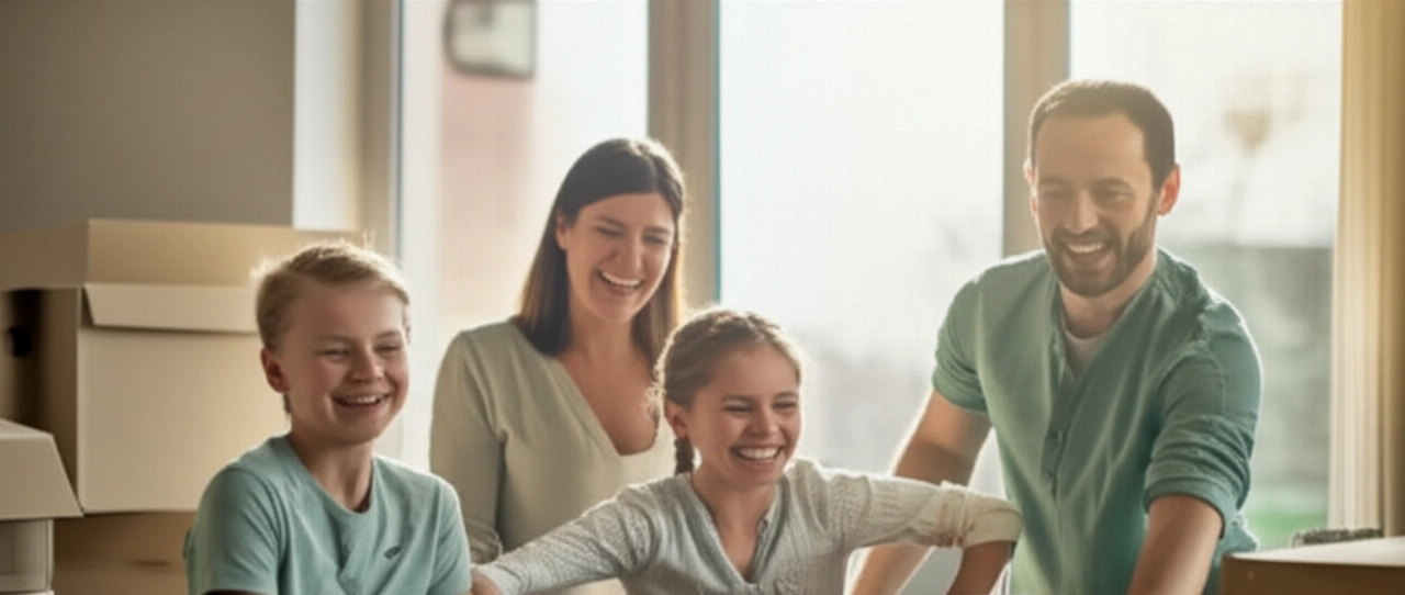 Happy Caucasian family unpacking boxes in their new home, symbolizing a stress-free move.