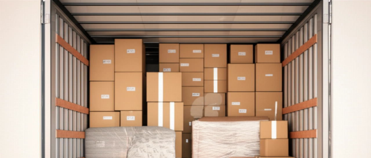 Interior of a perfectly organized moving truck with packed boxes and furniture.